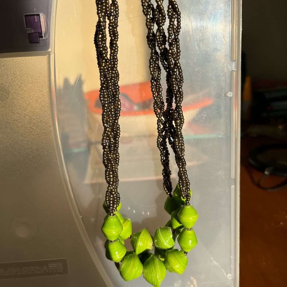 Vintage Teng Yue stamped Green Paper Beads and Brown Seed Beaded Necklace